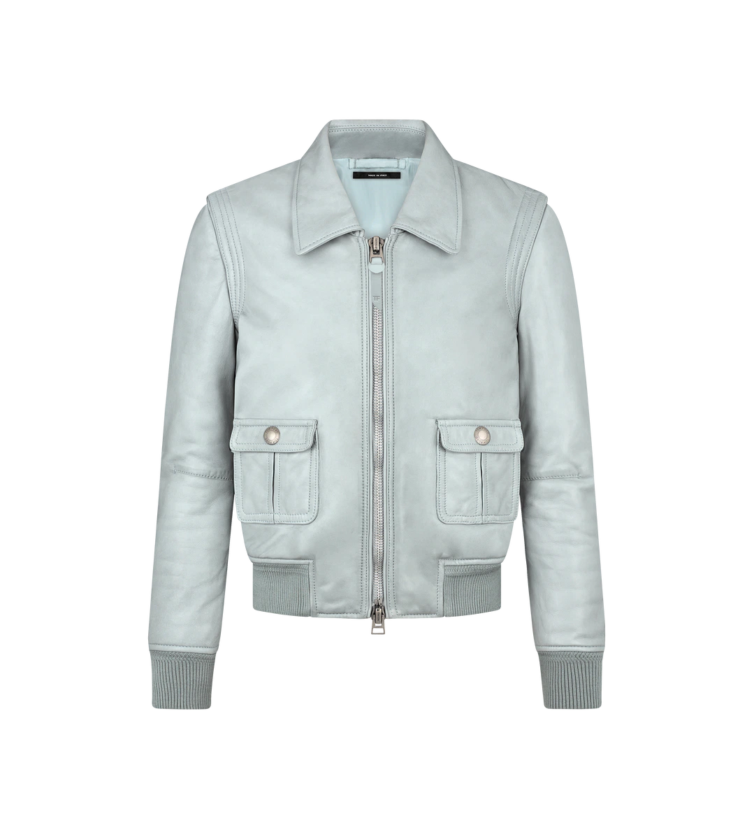 CAZADORA DE CUERO CON CUELLO Y BOLSILLOS DELANTEROS