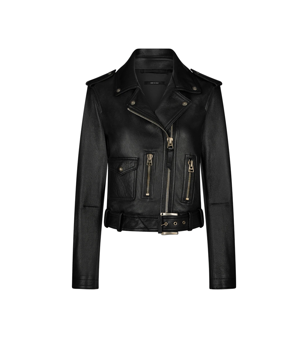 CHAQUETA DE BIKER DE CUERO BRILLANTE CON PLONGE