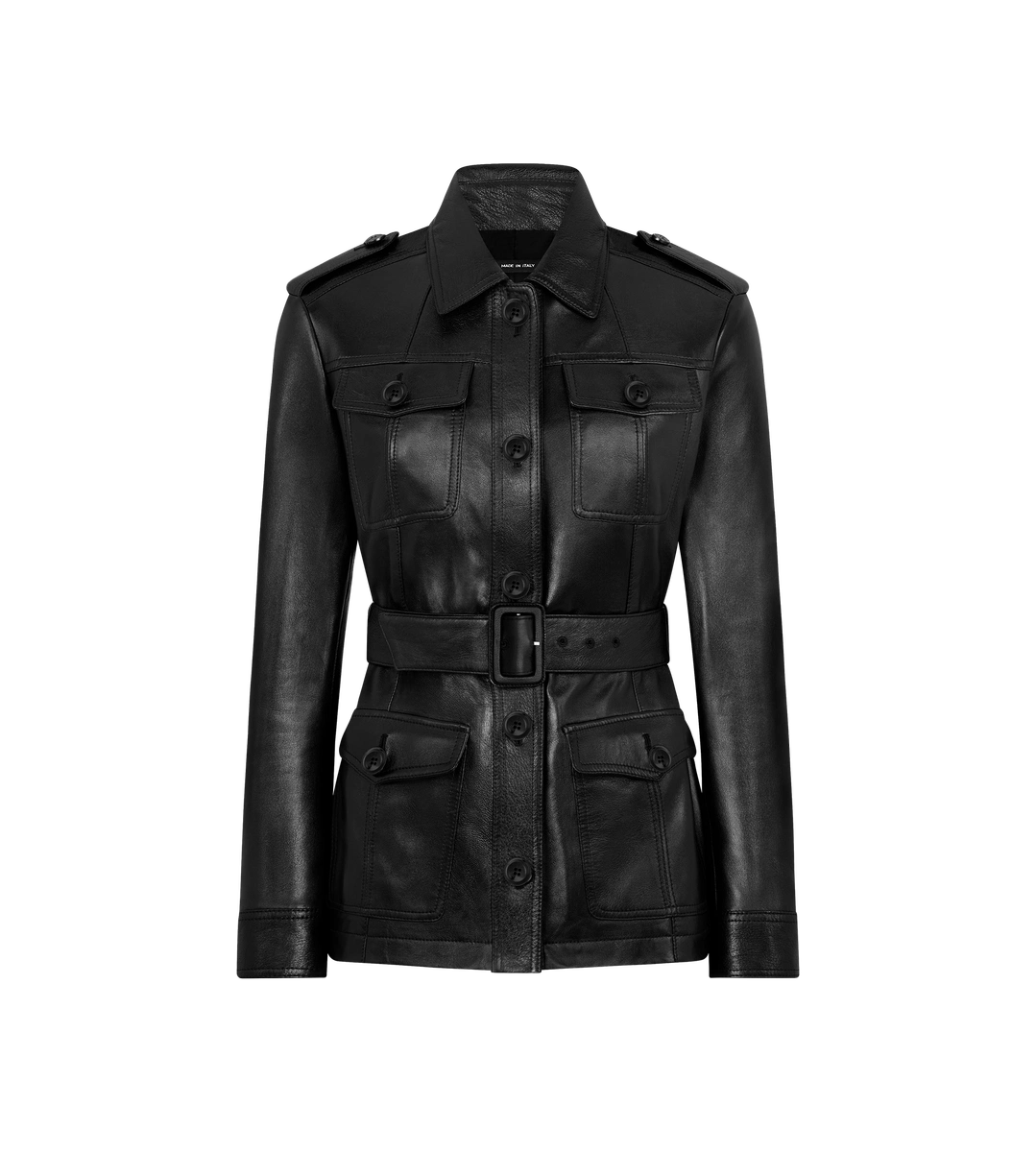 CHAQUETA SAFARI DE CUERO BRILLANTE CON CINTURÓN