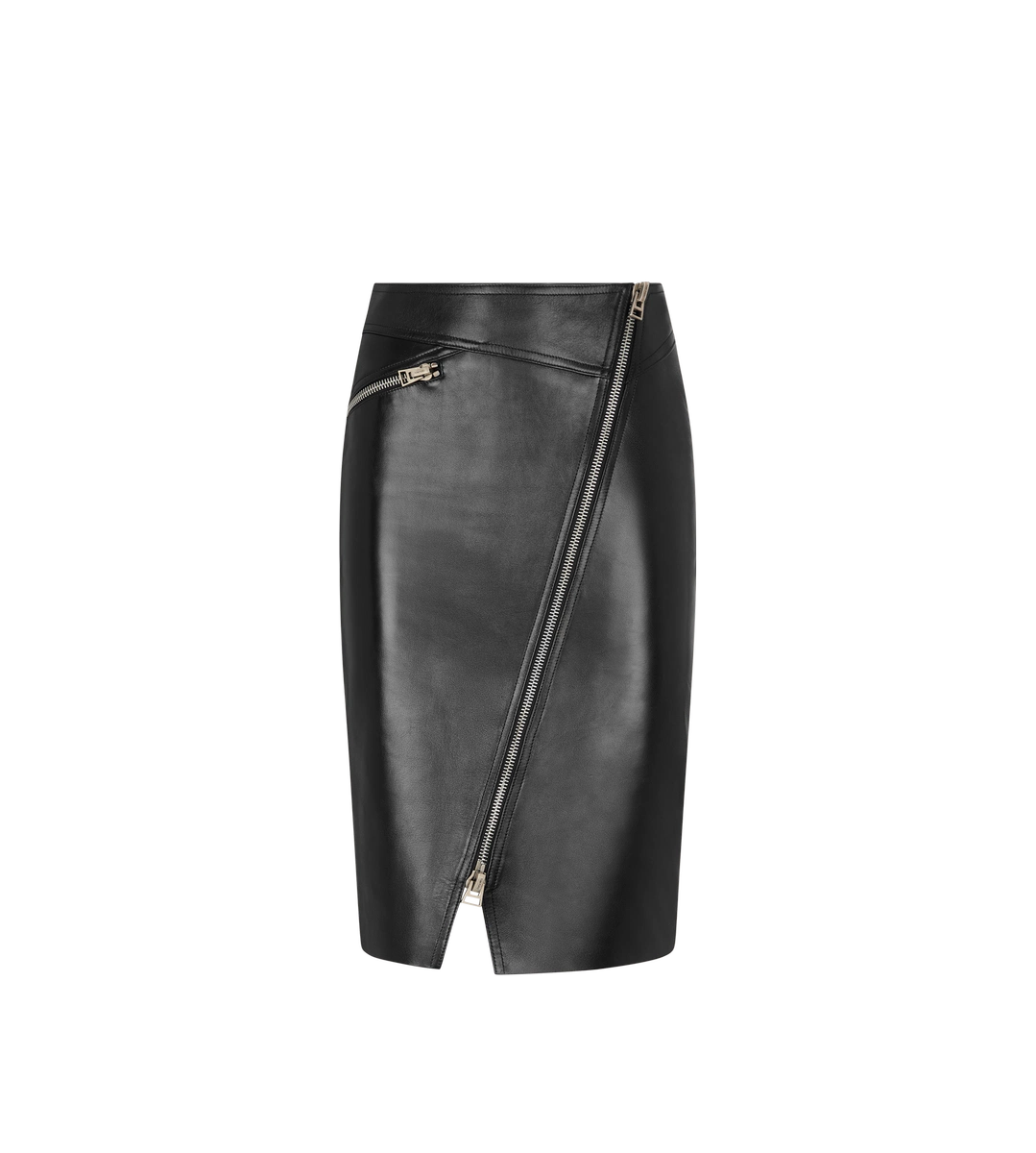 FALDA DE CUERO CON CREMALLERA EN DIAGONAL HASTA LA RODILLA