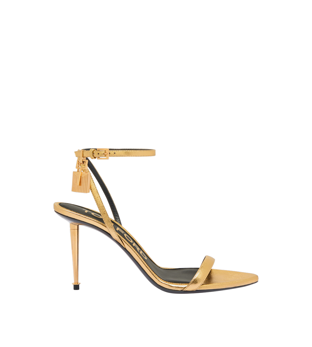 Sandalia de piel napa laminada con candado y punta desnuda, 85 mm