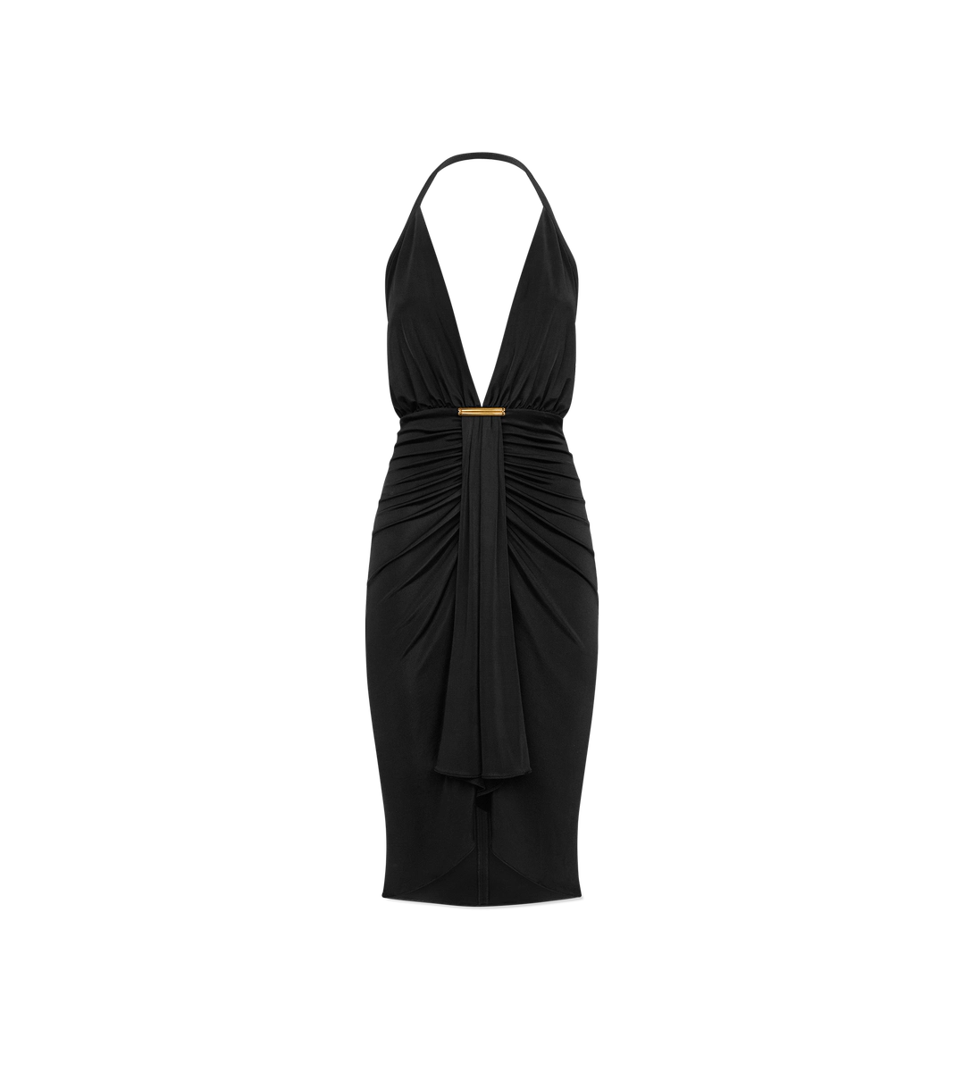 VESTIDO DE CÓCTEL CON ESCOTE EN V Y DETALLE DRAPEADO EN CASCADA EN EL CENTRO DELANTERO