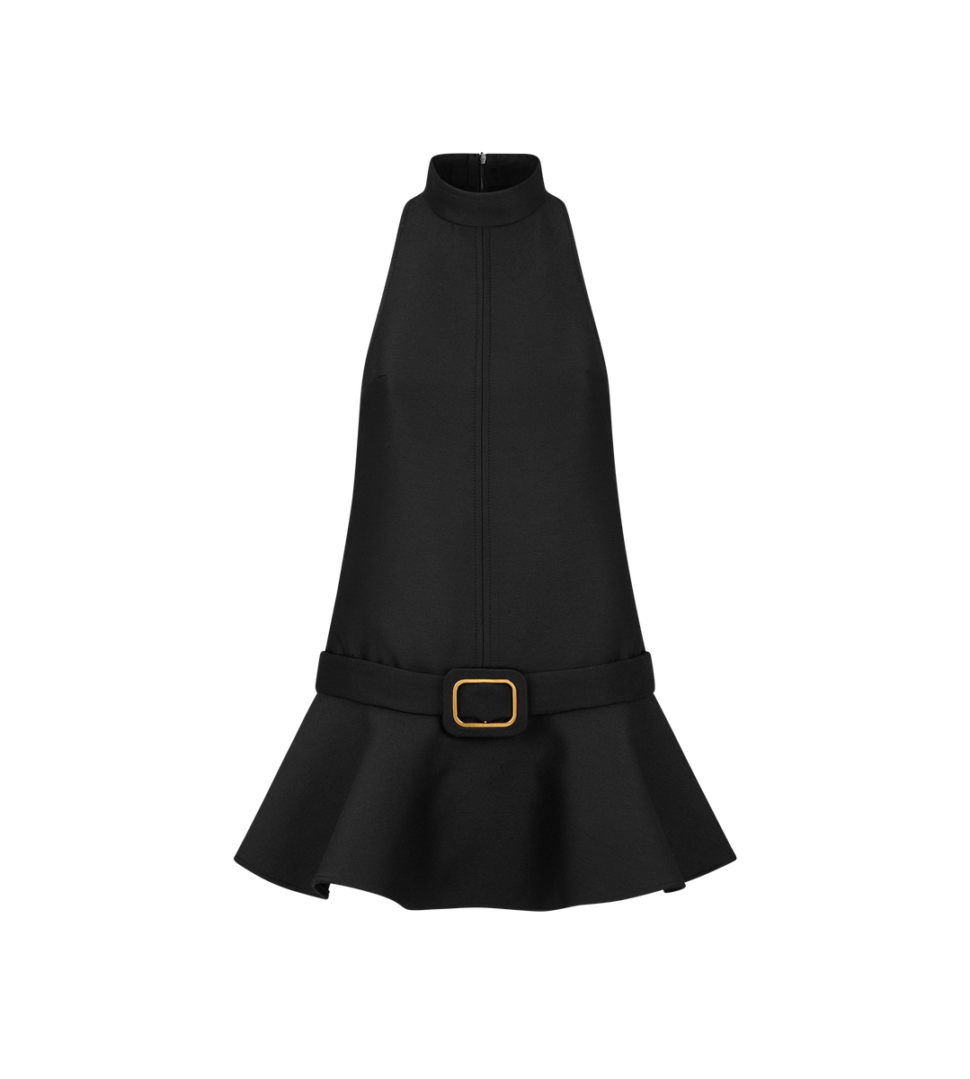 VESTIDO DE CÓCTEL MINI DE CUELLO ALTO CON FALDA ACAMPANADA Y DETALLE DE HEBILLA