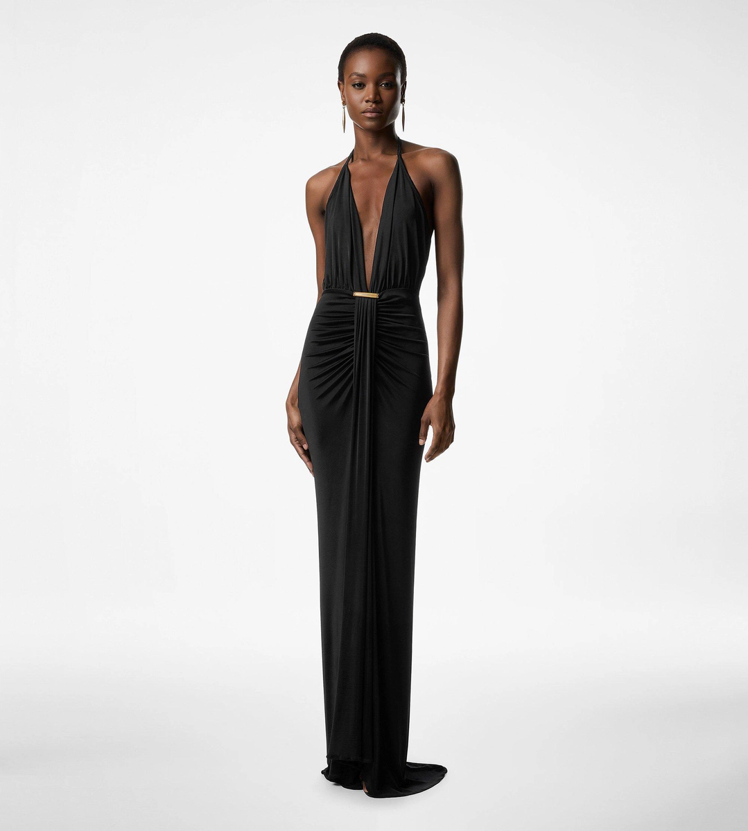 VESTIDO DE NOCHE CON CUELLO EN V Y DETALLE DRAPEADO EN CASCADA VESTIDO DE NOCHE CON CUELLO EN V Y DETALLE DRAPEADO EN CASCADA