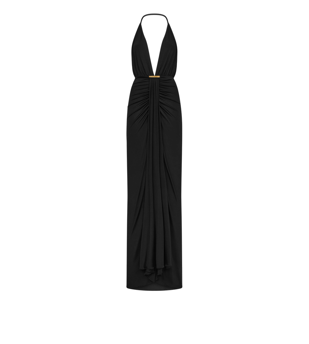 VESTIDO DE NOCHE CON CUELLO EN V Y DETALLE DRAPEADO EN CASCADA