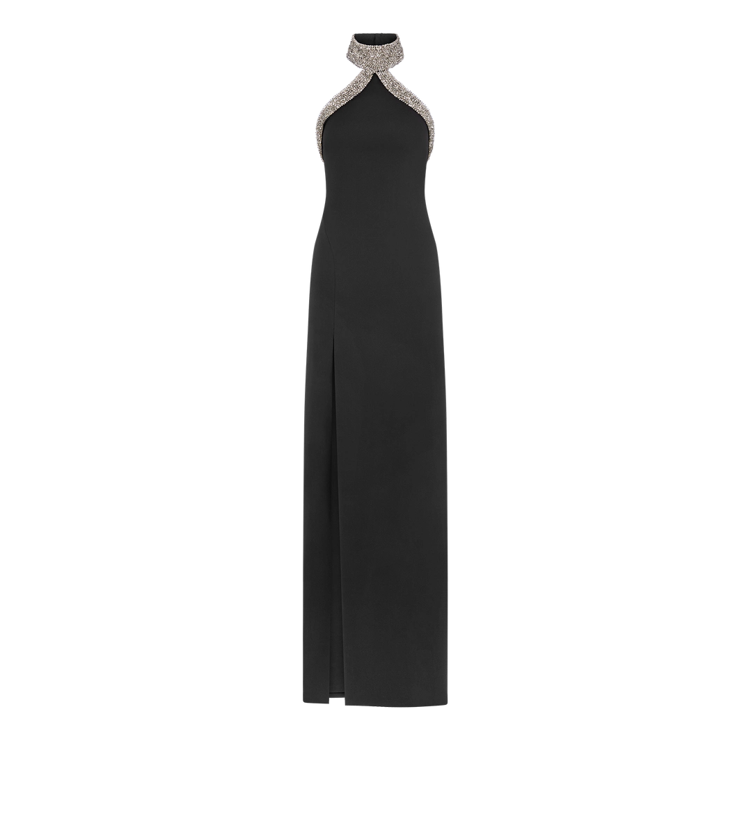 VESTIDO DE NOCHE CON CUELLO HALTER Y ABERTURA LATERAL PROFUNDA