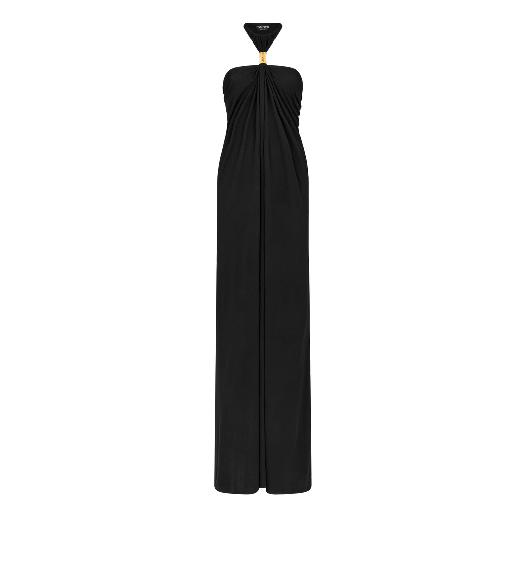 VESTIDO DE NOCHE CON CUELLO HALTER Y DETALLE DE HERRAJES METÁLICOS