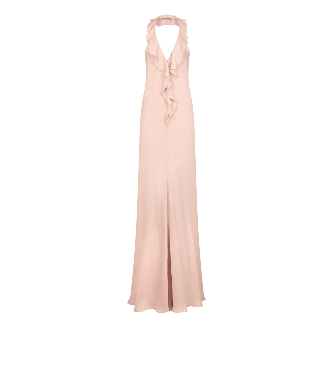 VESTIDO DE NOCHE CON CUELLO HALTER Y DETALLE DE VOLANTES