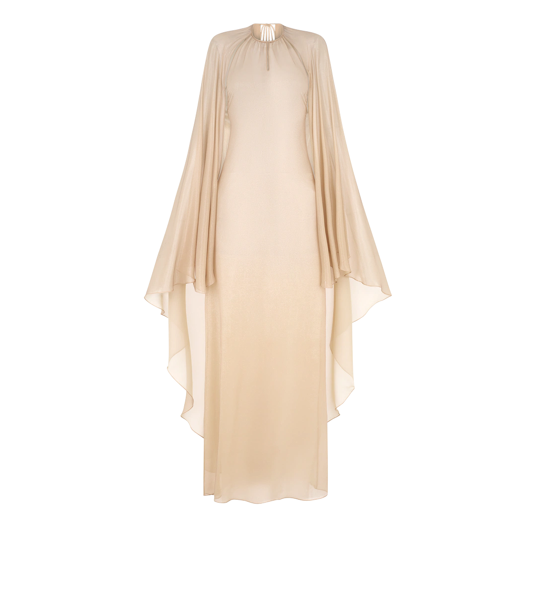 VESTIDO DE NOCHE CON ESCOTE DE CERRADURA Y CAPA ASIMÉTRICA