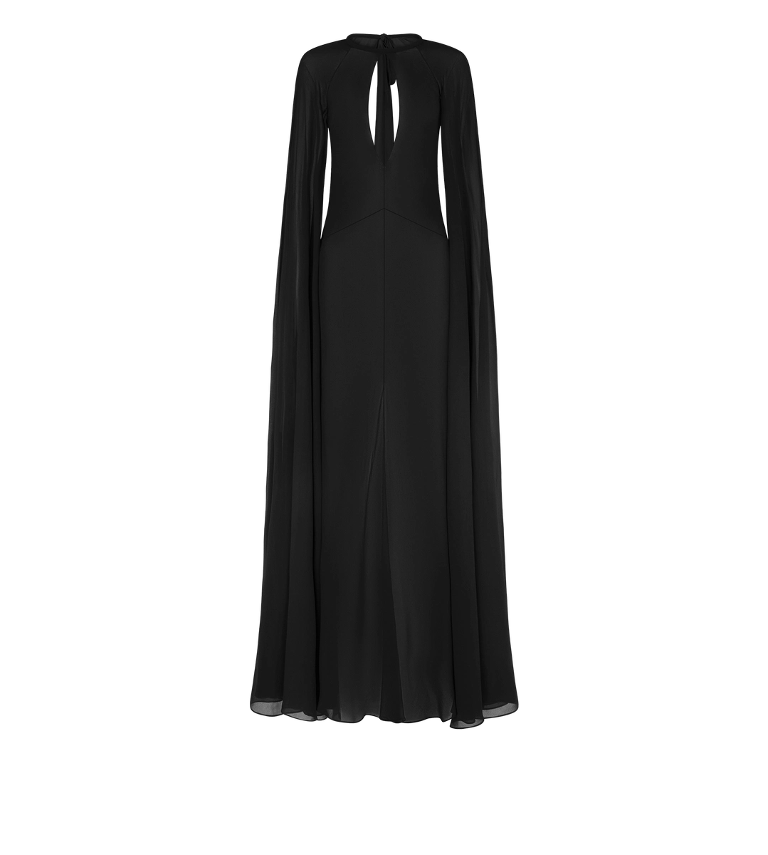 VESTIDO DE NOCHE CON ESCOTE DE CERRADURA Y MANGAS LARGAS DE CAPA