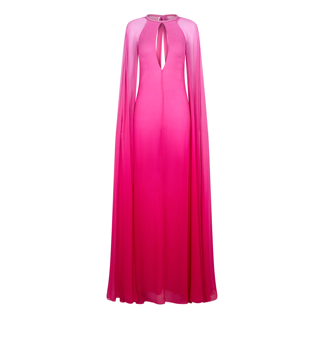 VESTIDO DE NOCHE CON ESCOTE DE CERRADURA Y MANGAS LARGAS DE CAPA