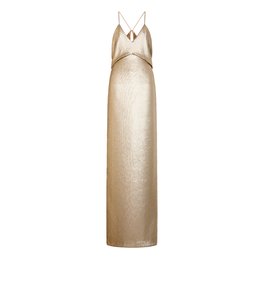 VESTIDO DE NOCHE CON ESCOTE EN V Y BORDADO DE LENTEJUELAS Y RECORTE