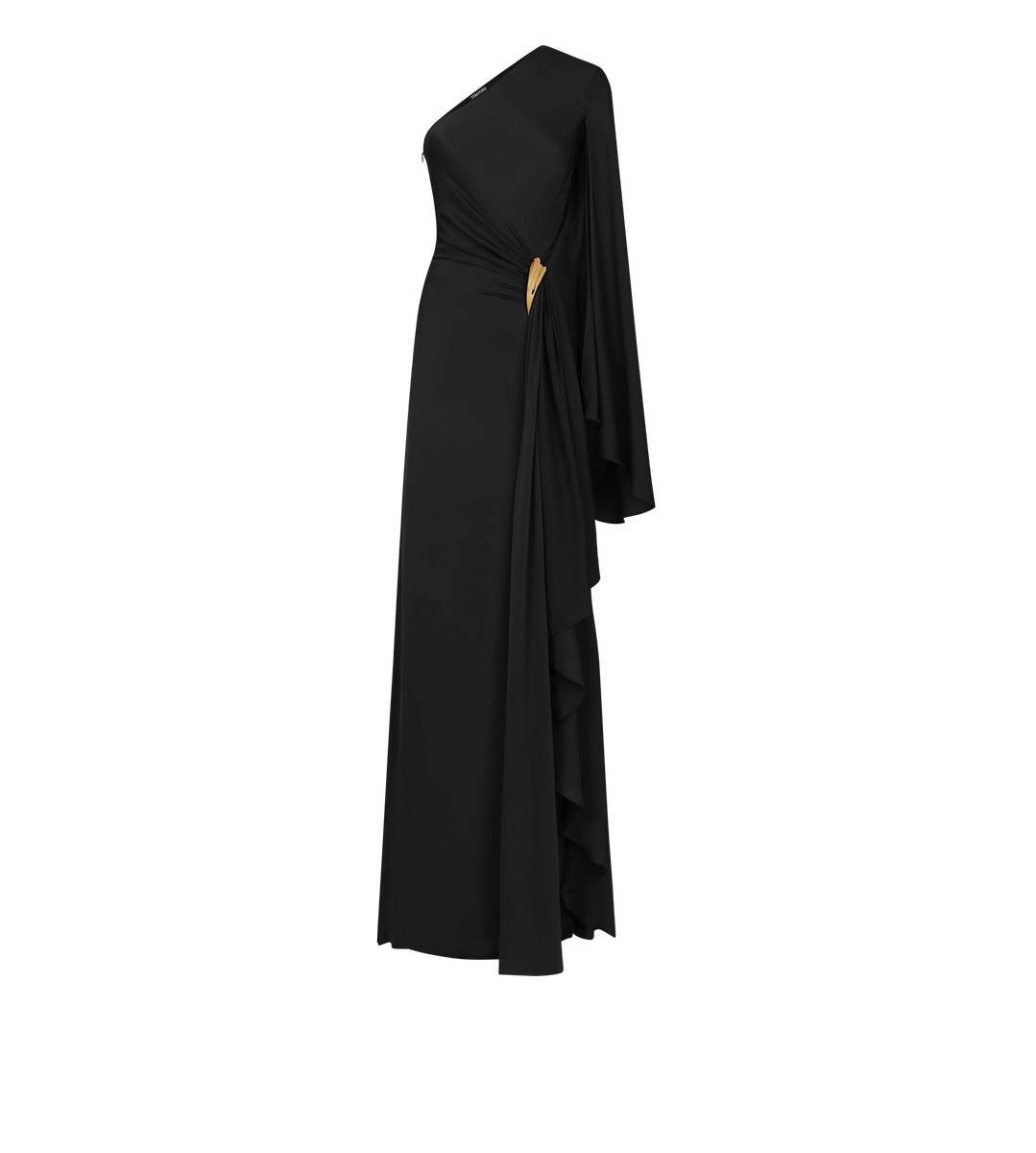 VESTIDO DE NOCHE DE UN HOMBRO CON CAPA Y DETALLE DE HERRAJES LIZA